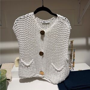 Zara White Open-Knit Women's Cardigan